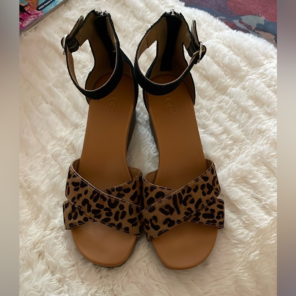 UGG Brown and Black Sandals with Leopard Print